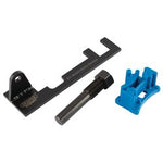 A black metal bracket, a large bolt, and a blue plastic piece are arranged against a white background, reminiscent of components found in the Draper Engine Timing Kit Etk232 (Seat, Skoda, Volkswagen) - ETK232.