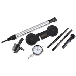 The Draper Engine Timing Kit Etk233 (Audi, Seat, Skoda, Volkswagen) - ETK233 is a comprehensive toolset featuring various attachments and tools such as a dial gauge, rods, a mounting base, and a cylindrical piece—perfect for precision work on Volkswagen or Audi vehicles.