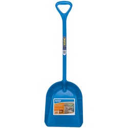 The Draper Multi-Purpose Plastic Shovel - MPHDPS stands upright with a wide rectangular scoop and a D-shaped handle. The wide blade of this heavy-duty Draper shovel makes clearing snow effortless, and a product label is attached to the scoop.