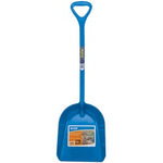 The Draper Multi-Purpose Plastic Shovel - MPHDPS stands upright with a wide rectangular scoop and a D-shaped handle. The wide blade of this heavy-duty Draper shovel makes clearing snow effortless, and a product label is attached to the scoop.