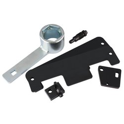 Introducing the Draper Engine Timing Kit (ETK241), designed for maintaining your Porsche Cayenne. This high-quality set includes a sleek silver wrench, sturdy black mounting brackets, and a compact black pin, all set against a clean white background.