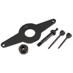 The Draper Vibration Damper Holding Tool (ETK242) is a black metal set ideal for your Volkswagen or Audi, comprising a circular multi-hole device, a hex nut, and three differently sized cylindrical components.