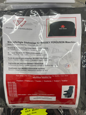 Packaged AGCO Massey Ferguson - Seat Cover - 3931564M1 with multiple language descriptions displayed. The MSG95A/20 logo and Grammer seat images are visible on the packaging.