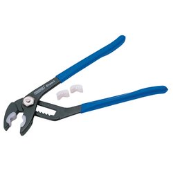 The Draper Waterpump Plier With Soft Jaws, 245mm - 3028, featuring cushion-grip handles, is shown alongside two white plastic jaw inserts.