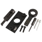 A set of black mechanical tools and accessories, including various brackets, screws, and pins, as well as the Draper Engine Timing Kit Etk271 (Vauxhall) - ETK271 by Draper, laid out on a white background.