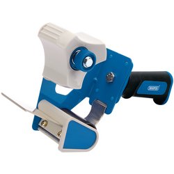 The Draper Soft Grip Hand-Held Security Packing Tape Dispenser, 50mm - TP-DIS2/SG by Draper is a blue and white handheld tape dispenser featuring a black handle, stainless steel cutting components, and an efficient blade cutting system, ideal for sealing boxes in industrial environments.