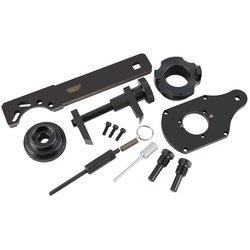 Collection of various black metallic automotive tools and parts, including a Draper Engine Timing Kit Etk277 (Vauxhall) - ETK277 for Opel/Vauxhall Corsa, laid out on a white background.