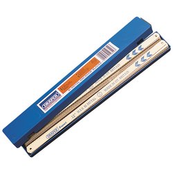 A blue plastic case containing two Draper Bi-Metal Hacksaw Blades (300mm, 18Tpi) placed side by side, featuring labels with the product details.