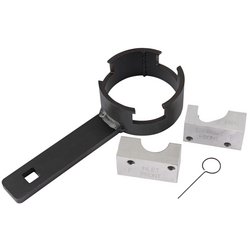 The Draper Engine Timing Kit (Vauxhall, Saab) - ETK282 includes a black spanner wrench with a handle, two silver bracket pieces, a small metal pin, and a camshaft alignment block, all set against a white background.