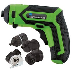 A Draper Storm Force® 4V Multifunction Screwdriver and Cutting Tool (CSD4MHSF) in green and black, featuring four interchangeable attachments, including a cutting tool, laid out beside it.