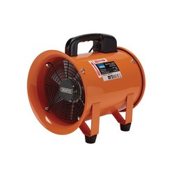 The Draper 230V Air Mover Ventilator, 8"/200mm, 180W - AMV8 is an orange cylindrical industrial fan outfitted with a black handle and legs, and features a front grille for optimal air flow. Ideal for HVAC fume extraction, this portable blower fan is perfect for industrial, commercial, and emergency services applications.