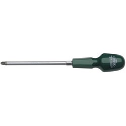 A Draper Pz Type Cabinet Pattern screwdriver, No.3 X 150mm with a green handle and a long metal shaft made from chrome vanadium steel blades, featuring the Draper logo on the handle.