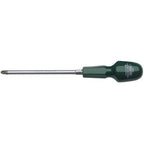 A Draper Pz Type Cabinet Pattern screwdriver, No.3 X 150mm with a green handle and a long metal shaft made from chrome vanadium steel blades, featuring the Draper logo on the handle.