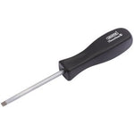 The Draper Plain Slot Mechanic's Screwdriver, 5 X 75mm - 939, features a high impact resistant black handle and a metal shaft with SVCM steel blades and a satin chrome plated flat tip.