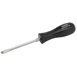 A Draper Plain Slot Mechanic's Screwdriver, 6 X 100mm - 939, featuring a satin chrome plated metal shaft and a high impact resistant black plastic handle.