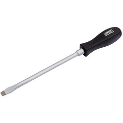 A Draper Plain Slot Mechanic's Screwdriver, model 939, featuring a 9.5 x 200mm dimension, comes with a high impact resistant black plastic handle and a satin chrome plated silver shaft.