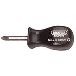 Short black-handled Phillips screwdriver labeled "Draper Cross Slot Mechanic's Screwdriver, No. 2 X 38mm - 939CS," featuring a hardened and tempered tip for durability.