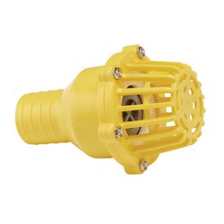 The Draper Foot Valve Strainer, 50mm/2" - FVS2, is a yellow hose nozzle featuring a protective cage, a screw-on attachment, and compatibility with flexible suction hoses.