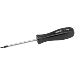 A Draper Tx-Star® Mechanic's Screwdriver, T6 X 75mm - 939TX, featuring a black handle, a long slender shaft, and a small flat tip crafted from high impact resistant plastic.