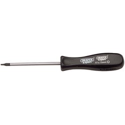 A Draper Tx-Star® Mechanic's Screwdriver with a black handle and a silver, satin chrome plated shaft, labeled "Draper Tx-Star® Mechanic's Screwdriver, T7 x 75mm - 939TX," designed for Torx fixing systems.