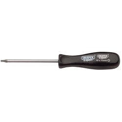 A black-handled Draper Tx-Star® Mechanic's Screwdriver, T9 X 75mm - 939TX, featuring a satin chrome plated metal shaft and a small flathead tip, designed for high impact resistance.