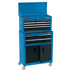 The Draper Combined Roller Cabinet And Tool Chest, 6 Drawer, 24", Blue - RCTC6/B offers ball bearing runners on each drawer, an open top compartment, and a bottom section with cabinets.