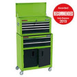 Green Draper Combined Roller Cabinet and Tool Chest, 6 Drawer, 24" - RCTC6/G with multiple drawers, ball bearing runners for smooth operation, open top compartment, and an Auto Express 2019 "Recommended" award badge in the upper right corner.