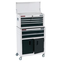 The Draper Combined Roller Cabinet and Tool Chest, with six black drawers and storage compartments, features ball bearing runners and an open top lid.