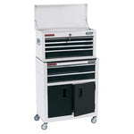 The Draper Combined Roller Cabinet and Tool Chest, with six black drawers and storage compartments, features ball bearing runners and an open top lid.