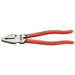 The Draper Knipex 02 01 225 SBE High Leverage Combination Pliers, measuring 225mm, feature a straight metal head crafted from durable tool steel and insulated silver and red handles for enhanced cutting power.