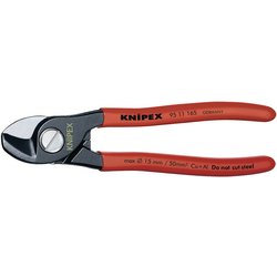 A pair of Draper Knipex 95 11 165 SBE wire cutters with red handles and a silver cutting blade, made from professional quality tool steel and labeled for a maximum cut of 15 mm on copper or aluminum cables.