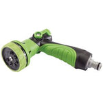 The Draper 8 Pattern Plastic Spray Gun - GW8P is a green and black garden hose nozzle that offers eight spray patterns, crafted from durable ABS plastic with an ergonomic soft grip for comfort.