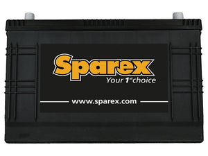 An image of a black Battery 622/63013, featuring a label that reads "Sparex Your 1st choice," and the website URL, www.sparex.com, prominently in the center. The 130 Amp Hour, 12V Sparex S.19722 battery stands out as a reliable power source.