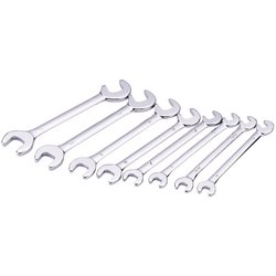 The Draper Metric Midget Open End Spanner Set (8 Piece) - 7146/8/MM consists of eight compact carbon steel wrenches, chrome plated for durability, arranged in an overlapping pattern from smallest to largest.