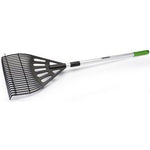 The Draper Telescopic Rake - GTLR is a lightweight garden tool featuring a black plastic head and an aluminum handle with a green grip.