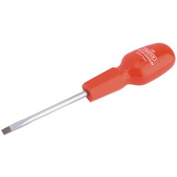 The Draper Plain Slot Cabinet Pattern Screwdriver, 5 X 75mm - 186, features a red handle and is made from chrome vanadium steel, guaranteeing high torque and durability.