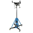 The Draper Vertical Hydraulic Transmission Jack, TJ1000-E, boasting a 1000Kg capacity, is designed for automotive use and comes in blue. It features a lowering control system, versatile lifting range, adjustable saddle, and four durable wheels for easy maneuverability.
