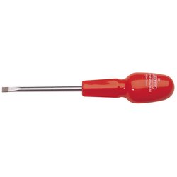 The Draper Plain Slot Flared Tip Cabinet Pattern Screwdriver, 5 X 75mm (Sold Loose) - 186B features a red handle and a flat-head design, with a metal shaft constructed from durable chrome vanadium steel and a straight, narrow blade.