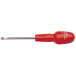 The Draper Plain Slot Flared Tip Cabinet Pattern Screwdriver, 5 X 75mm (Sold Loose) - 186B features a red handle and a flat-head design, with a metal shaft constructed from durable chrome vanadium steel and a straight, narrow blade.