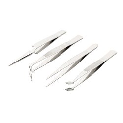 The Draper TWZ4 Tweezer Set (4 Piece) features four stainless steel precision tweezers with varied tip shapes, including both curved and straight, all beautifully displayed on a white background.