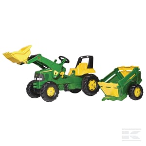 A green and yellow Pedal Tractor with Front-Loader and Trailer, John Deere by Rolly Toys (model rollyJunior, 1993811496), designed for children ages 3 and up. The front loader features a movable yellow scoop.