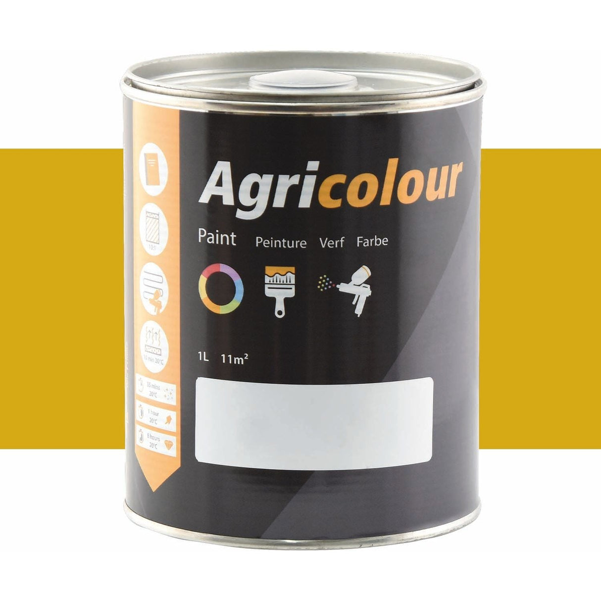 A 1-liter can of Sparex's Agricolour Gloss Paint in Trailer Yellow (Product Code: S.84398) features various icons depicting paint applications. The label indicates "Paint" in multiple languages and suggests coverage of 11 square meters, making it ideal for metal surface preparation as well.