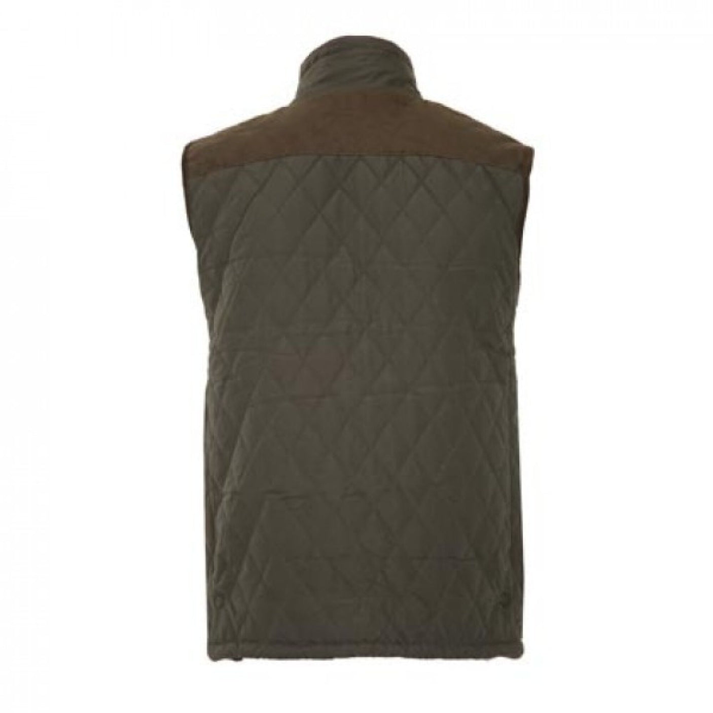 This image shows the back view of a Cottonmount Country Estate Arundel Quilted Bodywarmer in green, featuring brown shoulder accents.