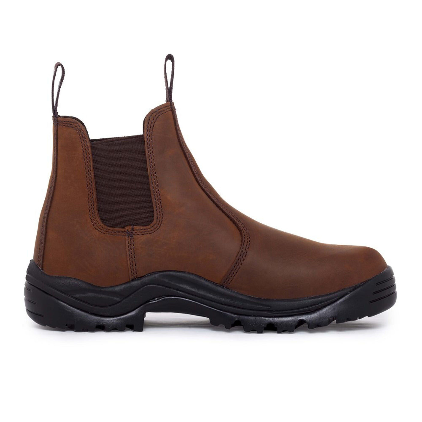 The Mack Farmer Non-Safety Dealer Boot in Dark Brown by Cottonmount is a single ankle-high leather boot with a black sole, featuring pull tabs and elastic panels on both sides, made from water-resistant cowhide.