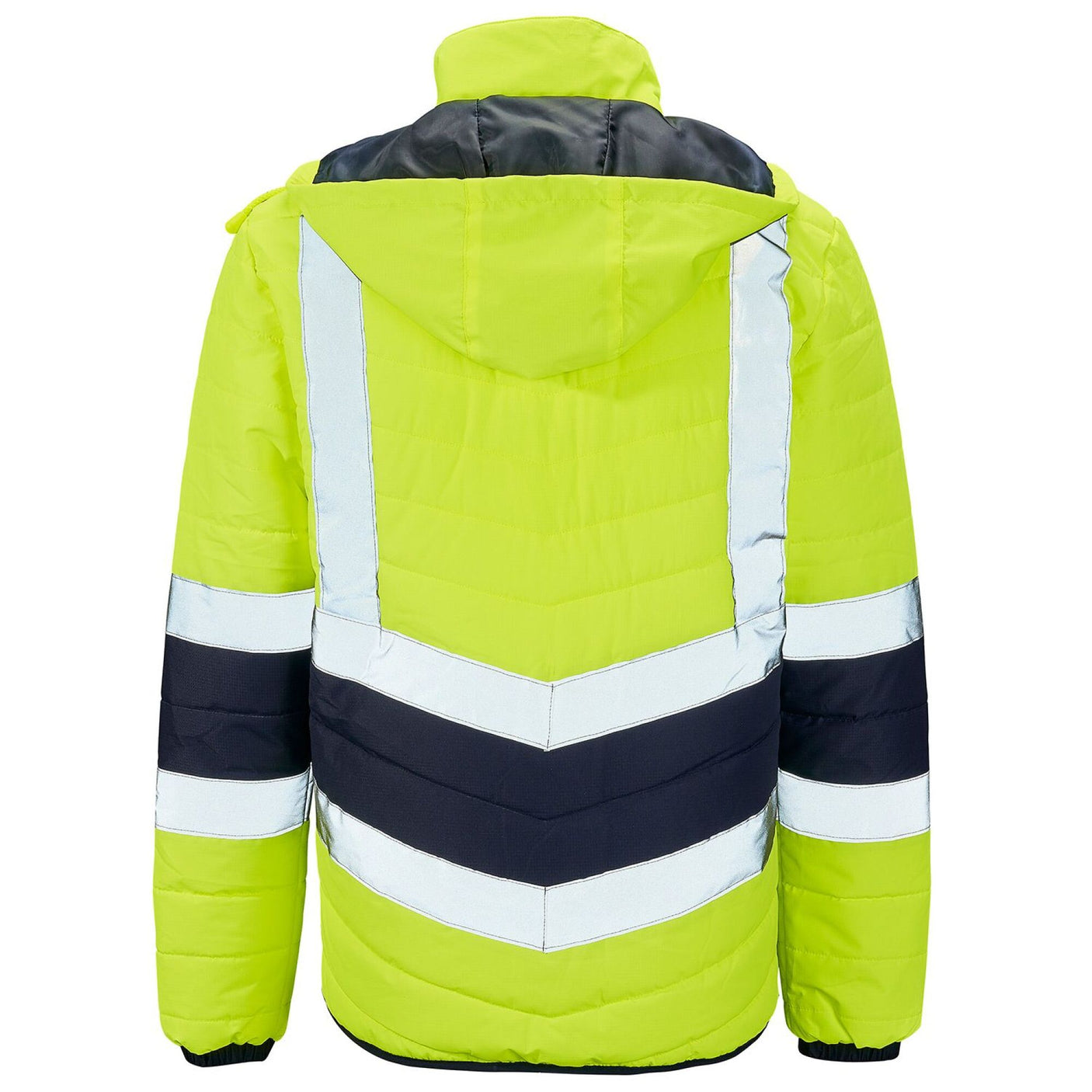 A back view of the Cottonmount Hi-Vis Reflective 2-Tone Puffer Jacket in yellow and navy, featuring reflective strips and dark horizontal bands. The quilted body includes a hood, stand-up collar, and zippered pockets for added functionality.