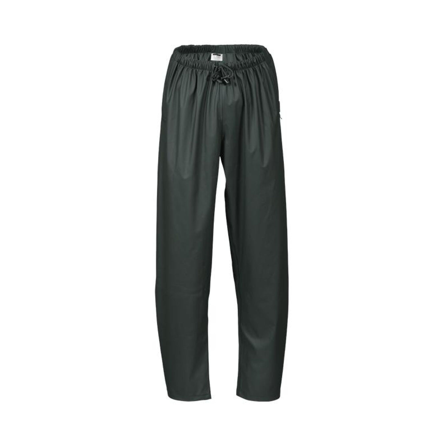 A pair of Cottonmount Swampmaster No-Sweat Stormgear Waterproof Trousers in green, featuring a loose fit, elastic waistband, and drawstring.