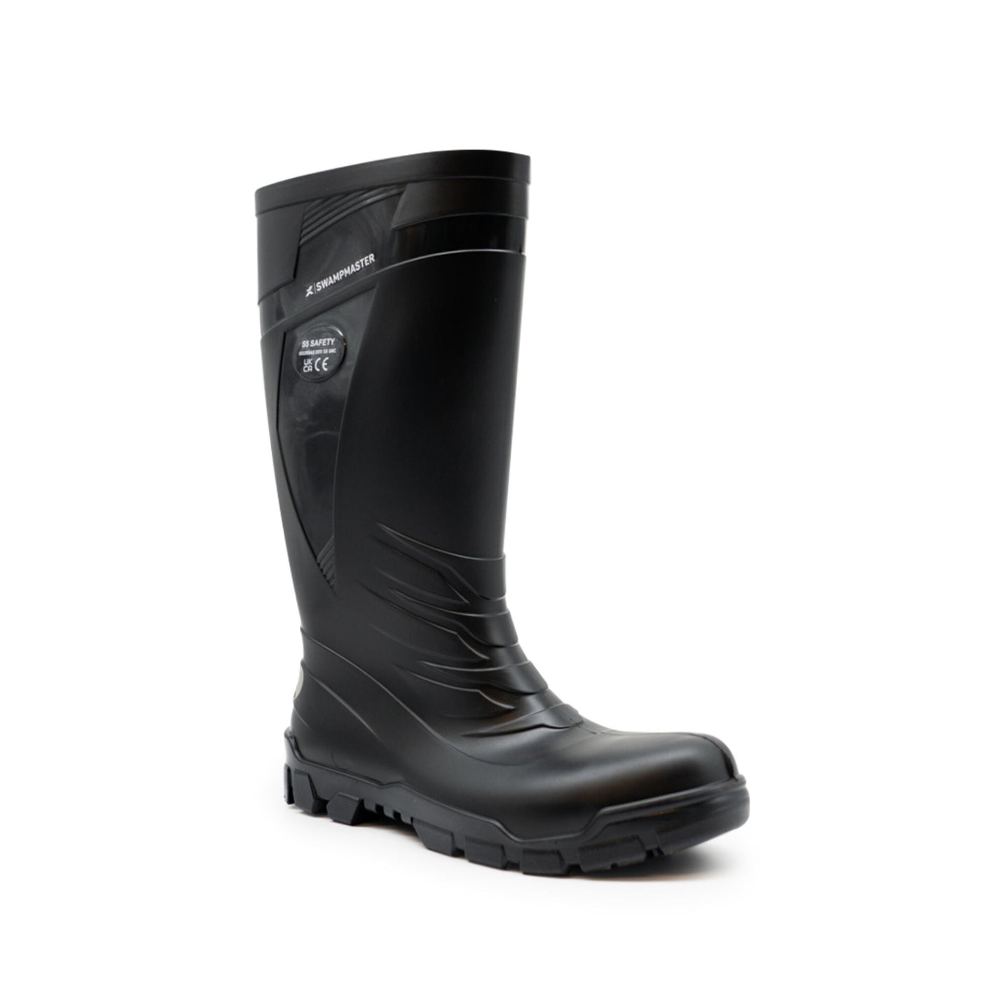 A single Swampmaster Titan S5 Safety PVC Wellington Black rain boot by Cottonmount, featuring a tall shaft, rugged sole, and slip-resistant outsole, is displayed against a plain white background.