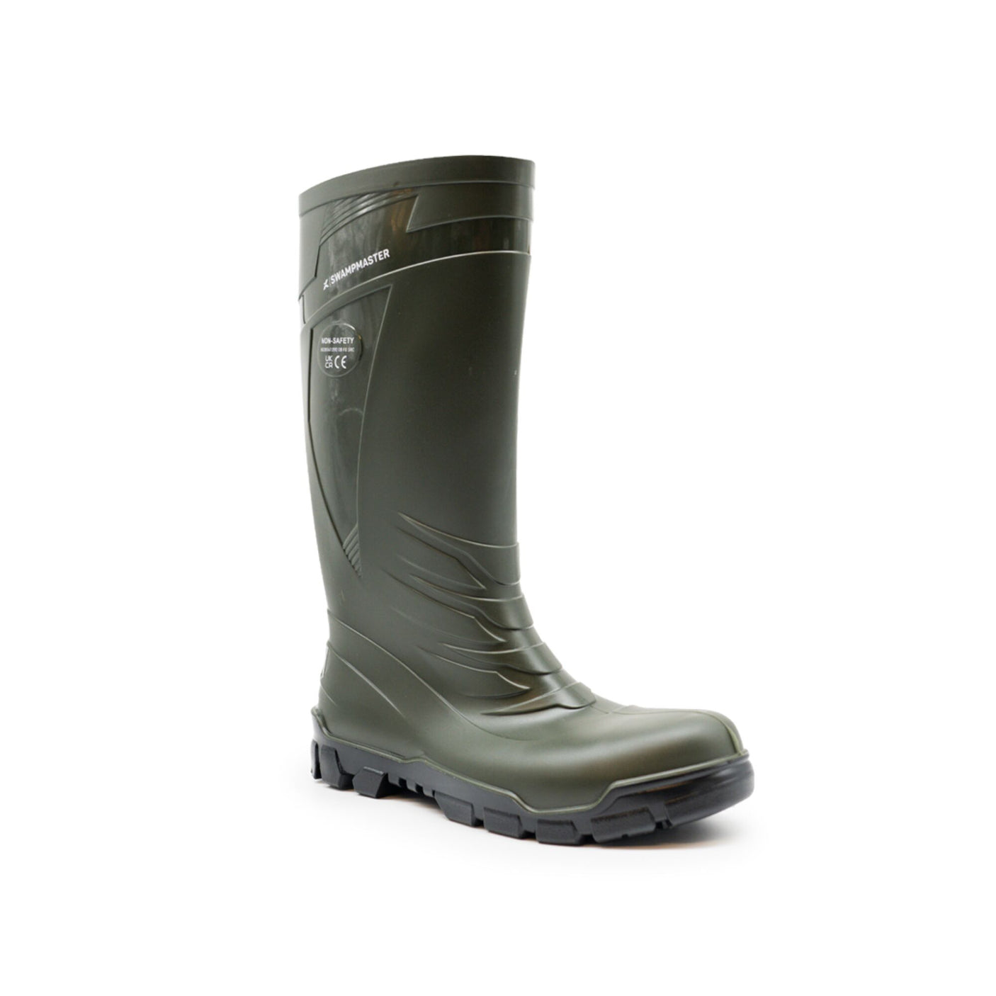 A single Cottonmount Swampmaster Vortex Non-Safety PVC Wellington Green boot, showcasing its waterproof design and slip-resistant outsole, stands upright on a white background. Ideal for non-safety work applications.