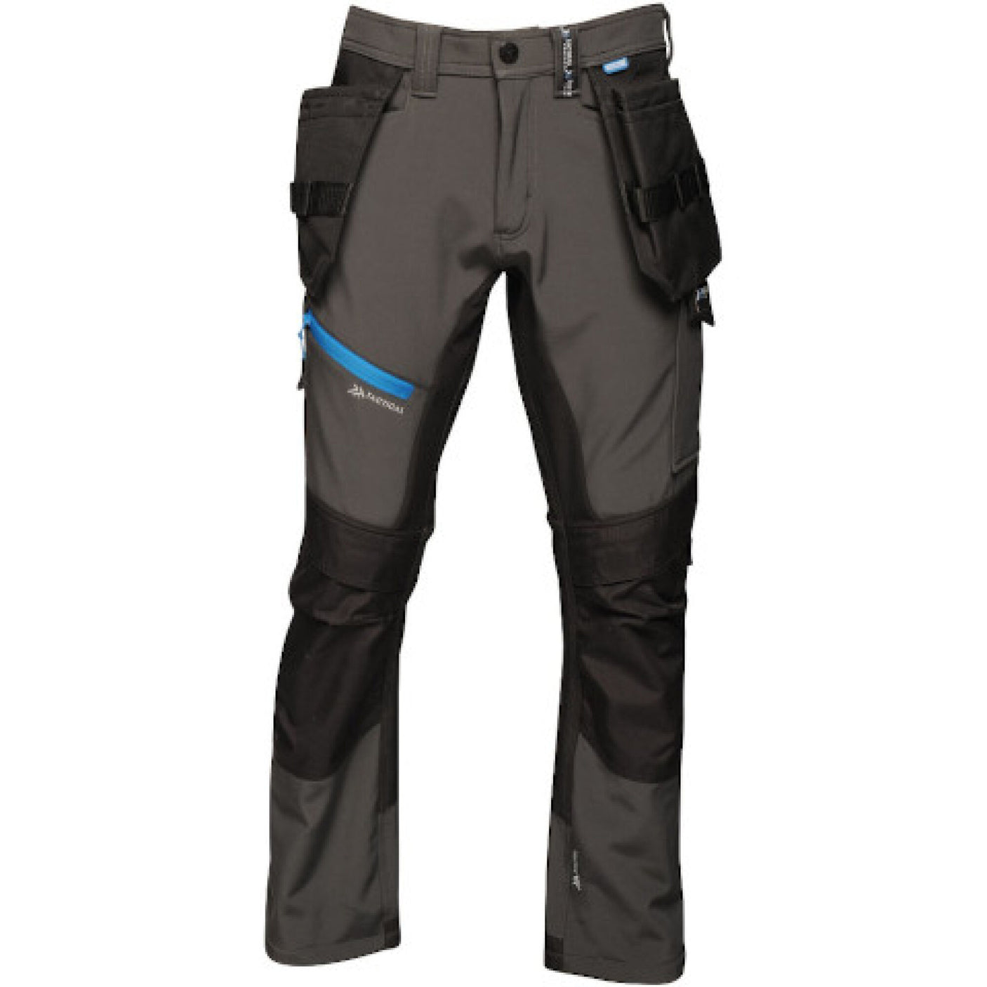 The Tactical Threads Strategic Softshell Trouser in Ash Grey by Cottonmount are a pair of men's work trousers featuring multiple pockets, black straps, and a blue zipper detail on the left thigh, all crafted with durable CORDURA® fabric for added strength.