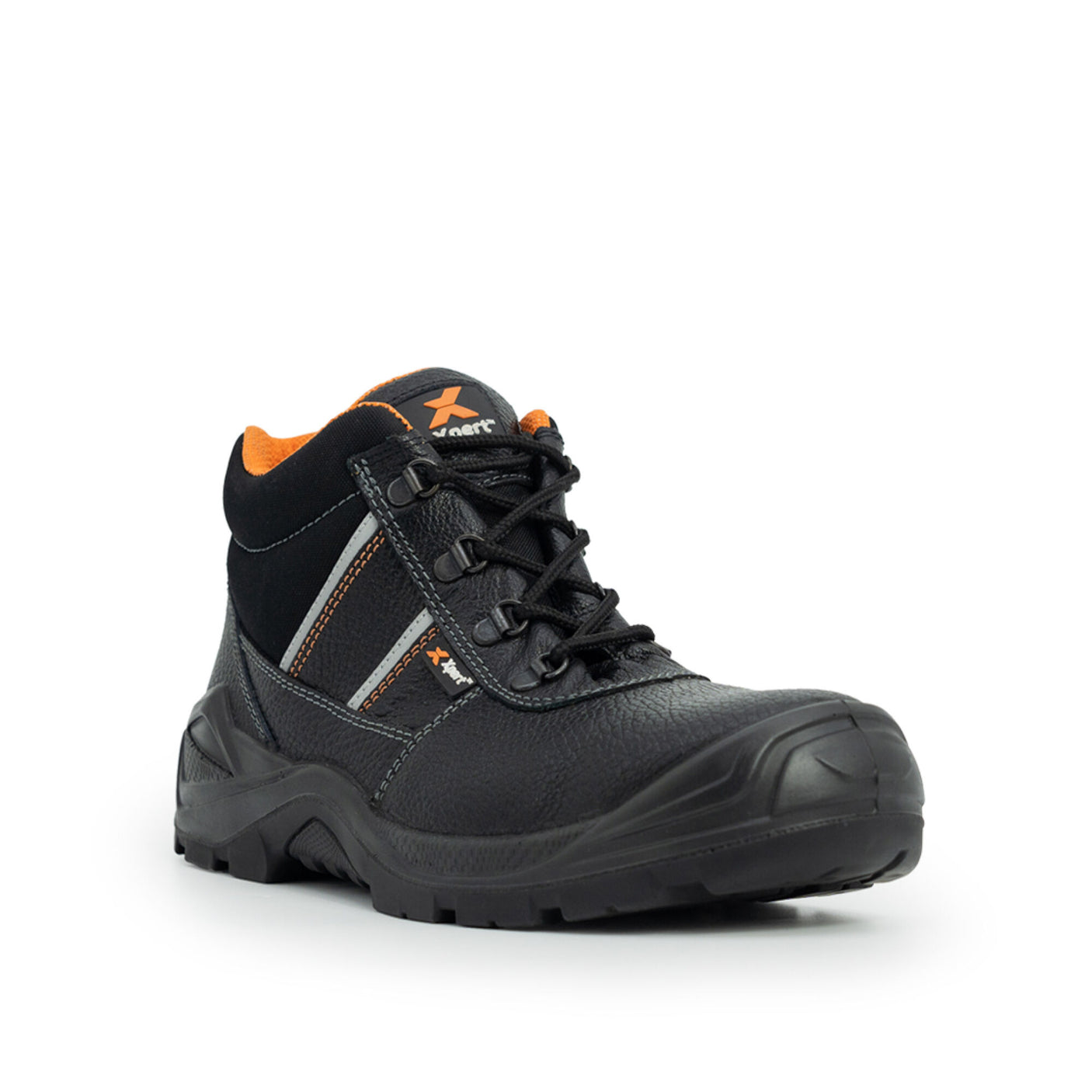 The Xpert Force S3 Safety Contract Boot Black by Cottonmount is a black safety work boot with orange accents, featuring a robust sole, durable leather construction, and an S3 safety rating with a lace-up design.